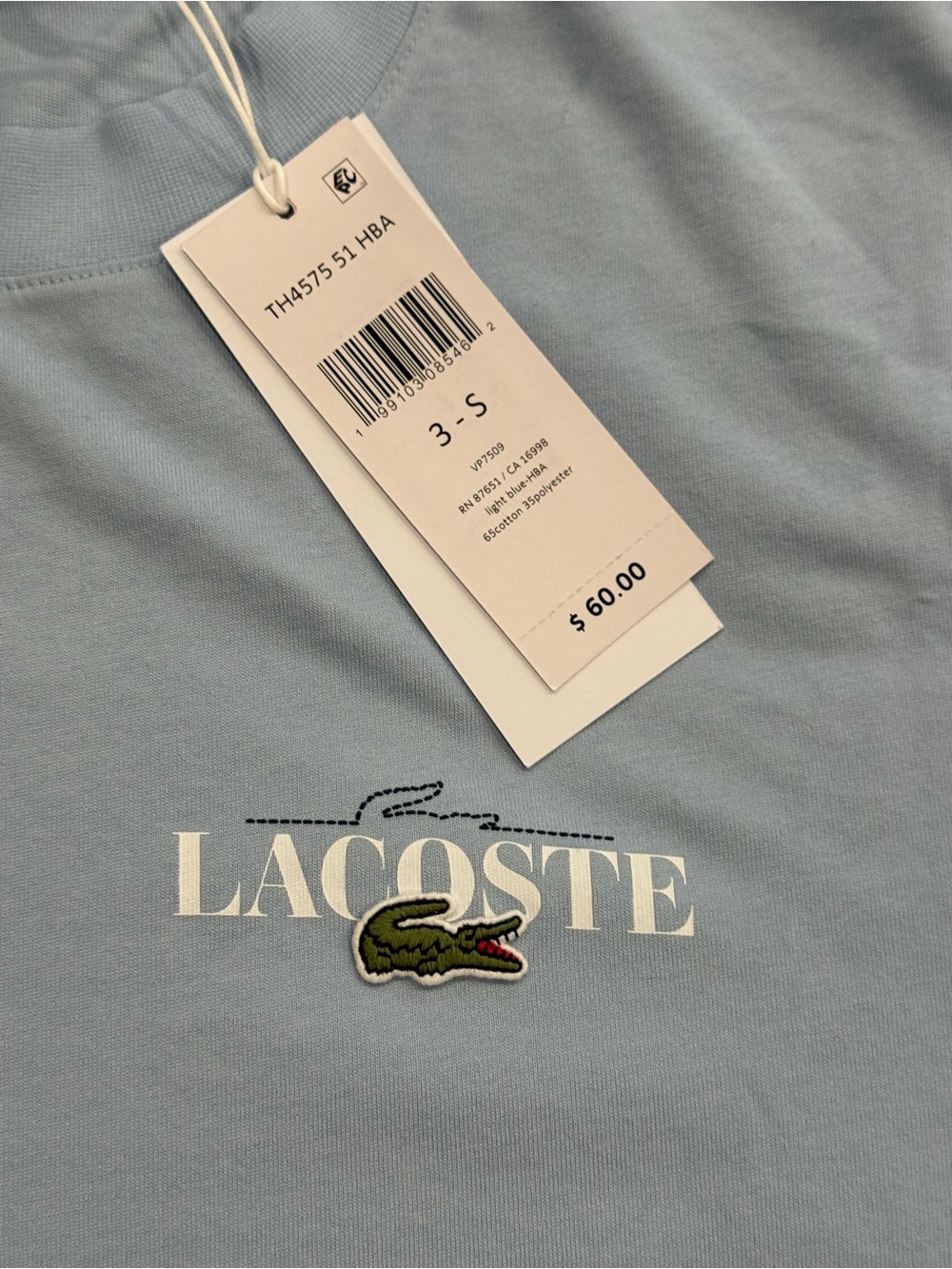 Lacoste Light Blue Tee with White Wordmark & Green Crocodile Patch